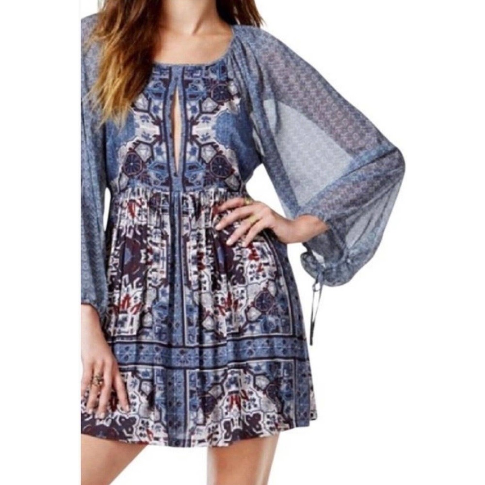 Free People Oksana Blue Ethnic Balloon Sleeve Mini Keyhole Dress 6 MSRP $128